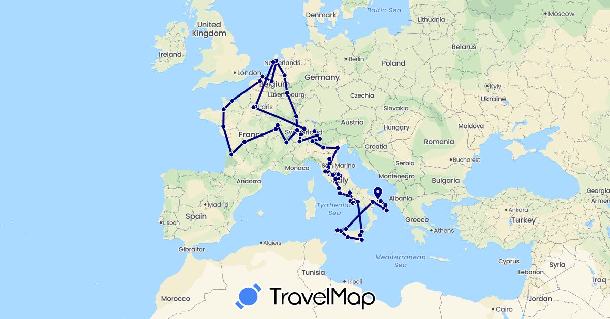 TravelMap itinerary: driving in Belgium, Switzerland, France, Italy, Luxembourg, Netherlands (Europe)